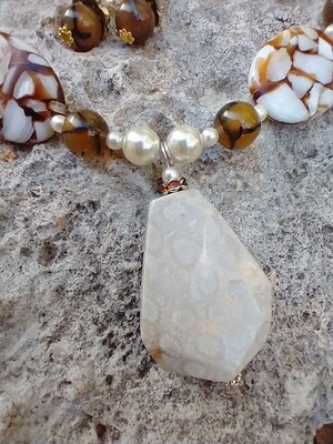 Elegant Mother of Pearl, Agate Necklace with Fossilized Coral Pendant, Natural Stone, Necklace and Earring Set - image2